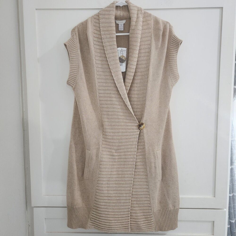 Chicos Size 1 Sleeveless Open Cardigan Long Sweater Vest Camille Crossover Tan